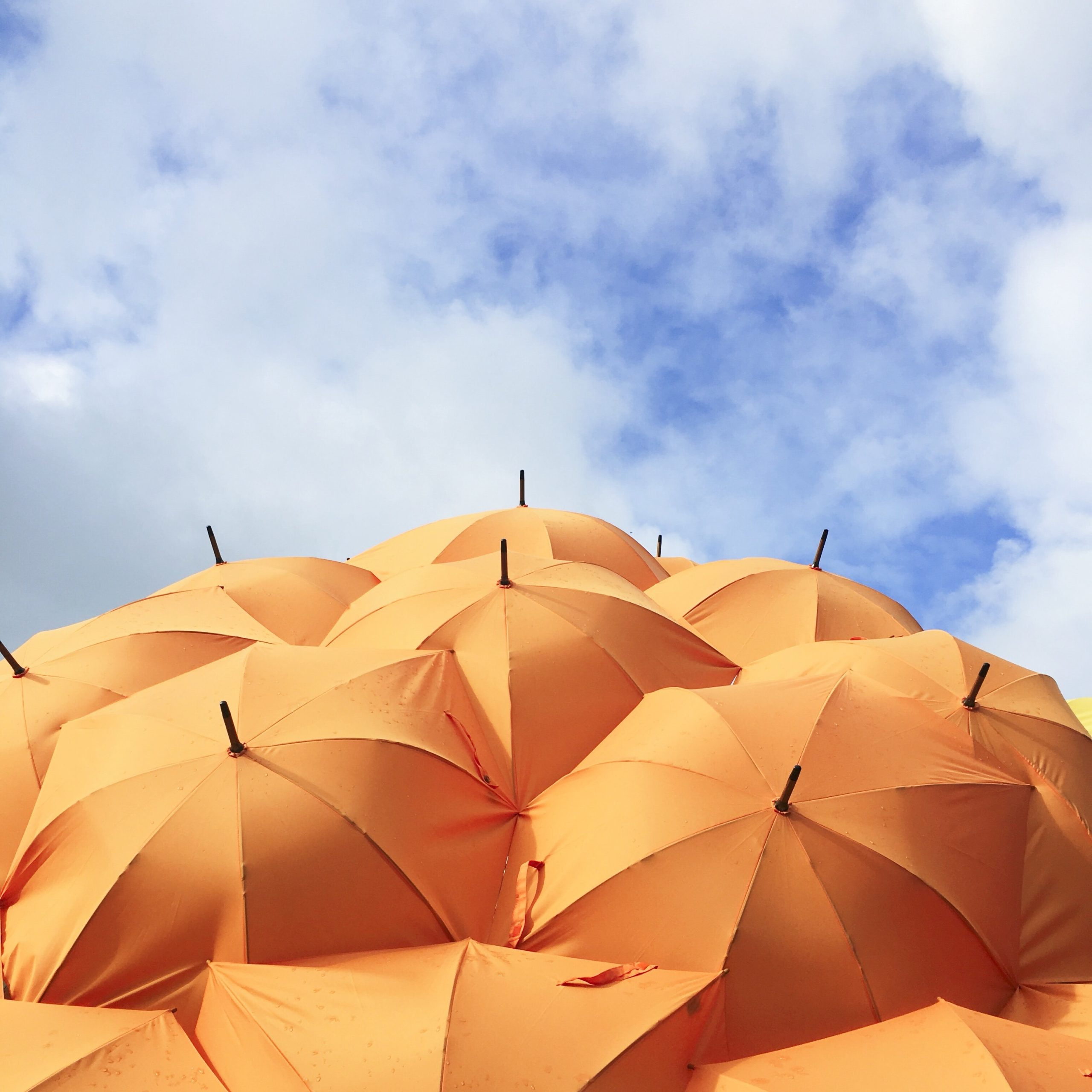 Cluster of orange umbrellas opened upward beneath a partly cloudy sky.