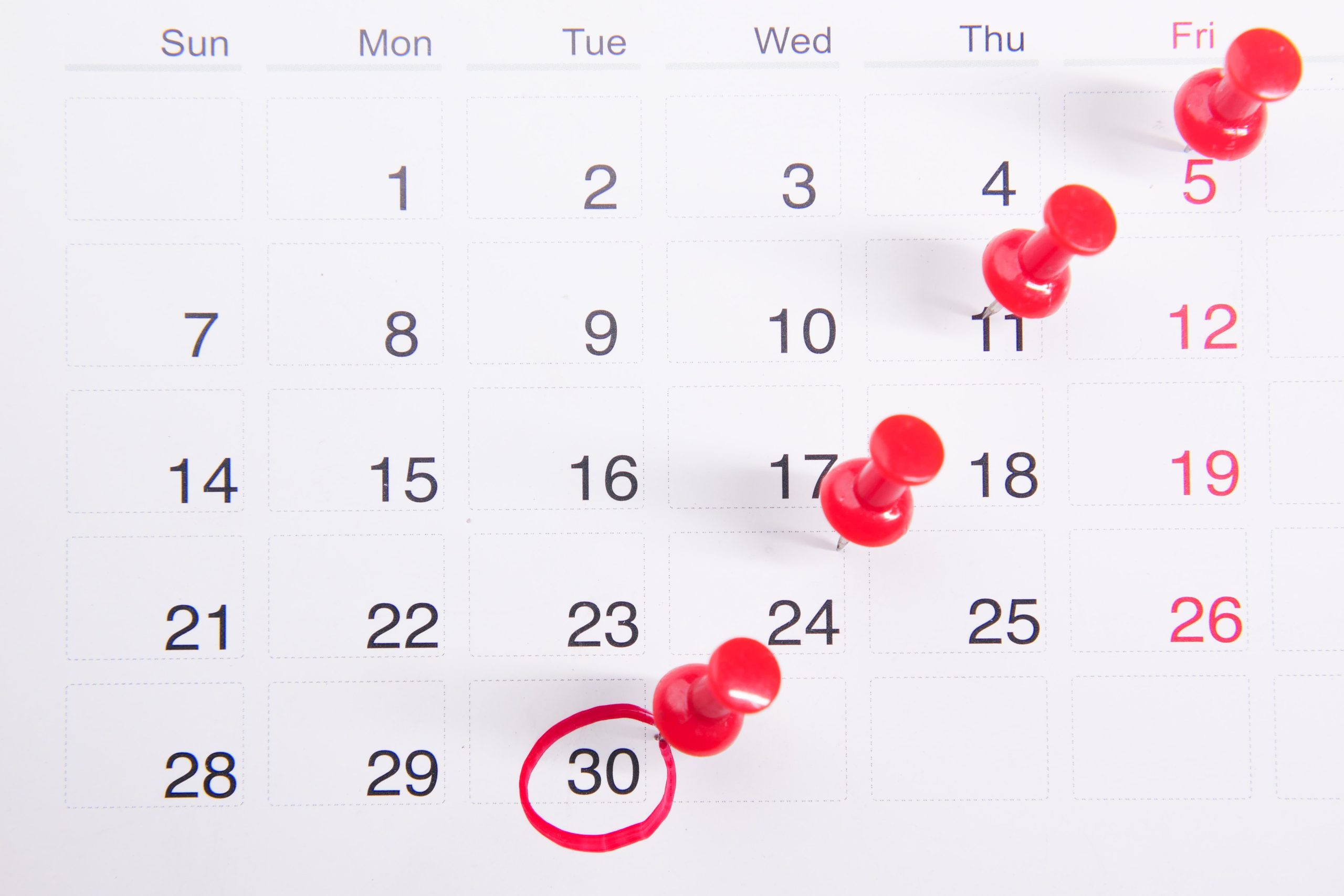 Calendar with red pushpins marking deadline dates and one circled in red.